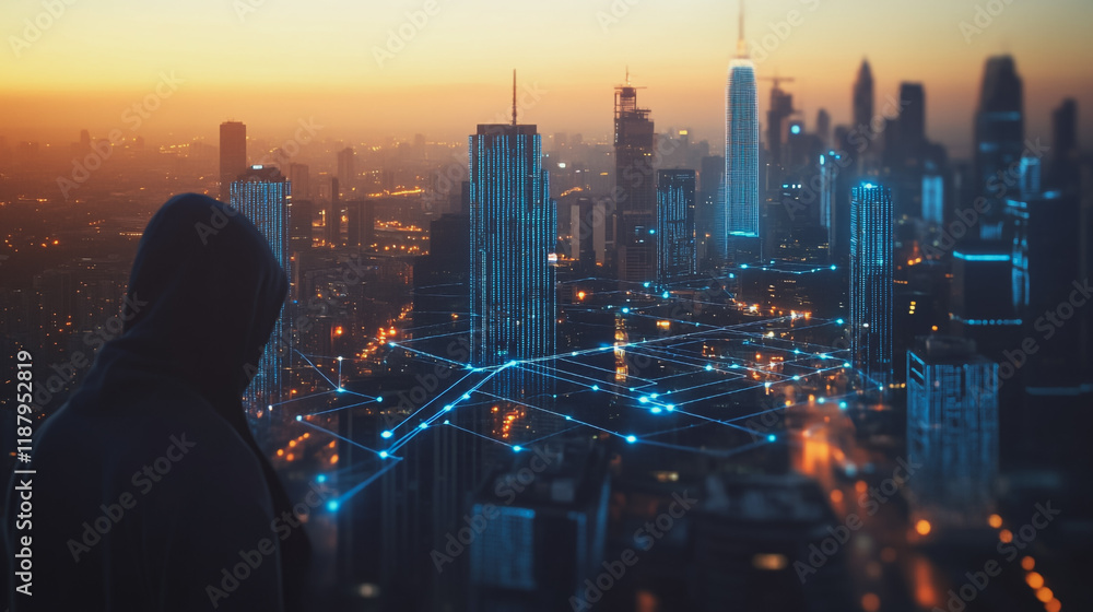 Hacker are planning to hack and attack networks and cyber security systems. Smart digital city with connection cyber security network reciprocity over the cityscape . Hacker are planning to hack and attack networks and cyber security systems. Smart digital city with connection cyber security network reciprocity over the cityscape .