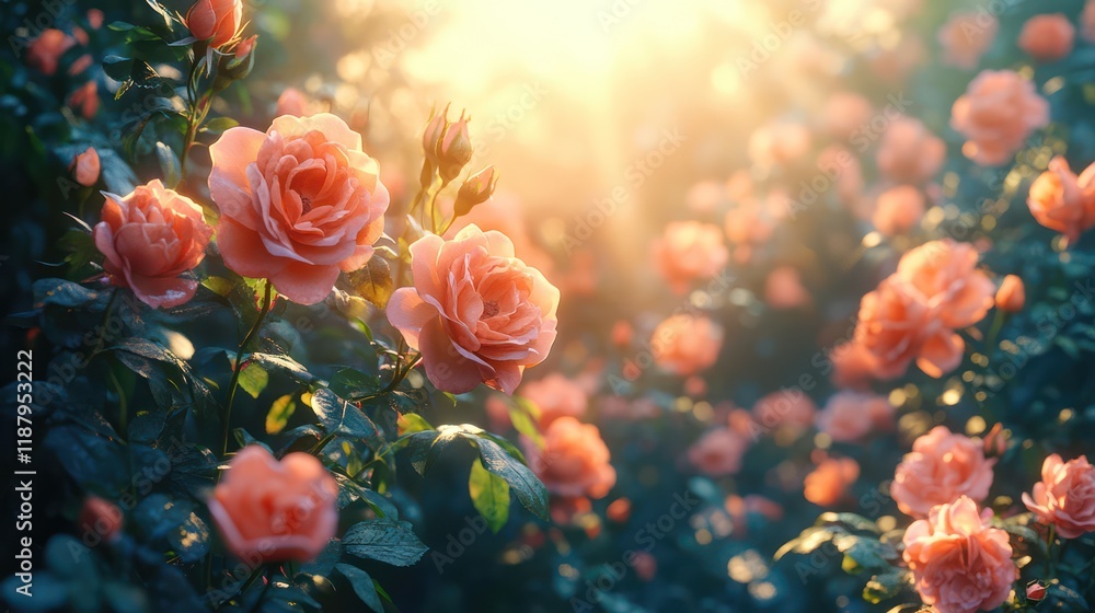A vibrant rose bush glowing under soft sunlight on the left A vibrant rose bush glowing under soft sunlight on the left