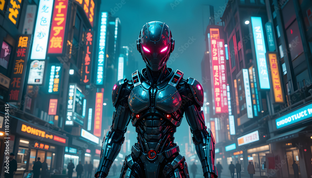 Futuristic robot in neon-lit city street. Futuristic robot in neon-lit city street.