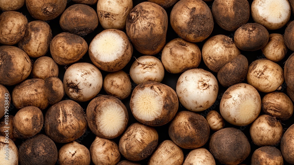 Fresh dirty potatoes: organic brown tubers with soil texture Fresh dirty potatoes: organic brown tubers with soil texture