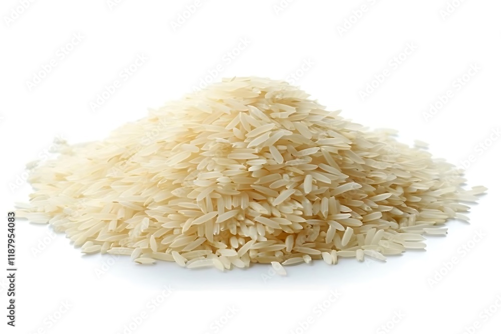 Raw rice in a wooden bowl with basil leaves on a white background Raw rice in a wooden bowl with basil leaves on a white background