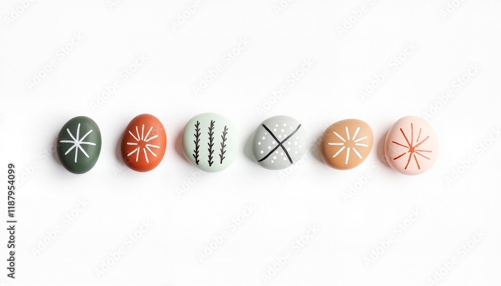 Colorful and Unique Painted Pebbles with Intricate Patterns on a Solid White Background Surface Colorful and Unique Painted Pebbles with Intricate Patterns on a Solid White Background Surface