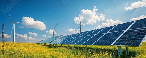 Solar panels and wind turbines in a sunny field with clear blue skies