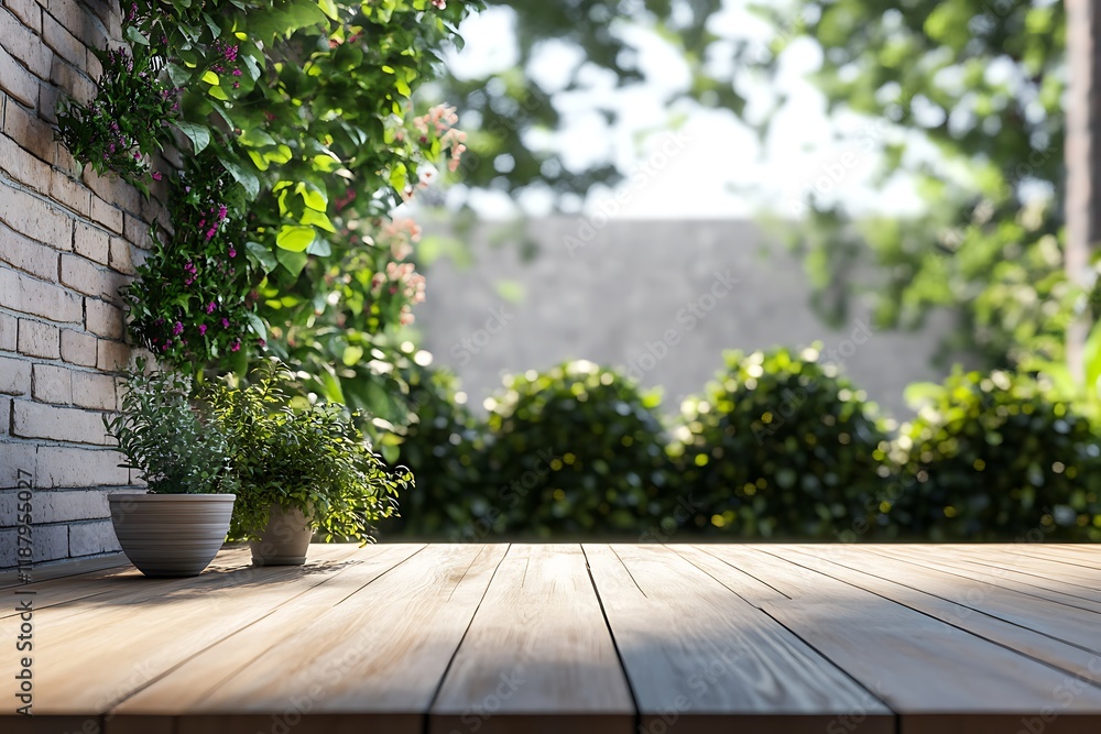 Wooden terrace with table and chairs in the garden at sunrise Wooden terrace with table and chairs in the garden at sunrise