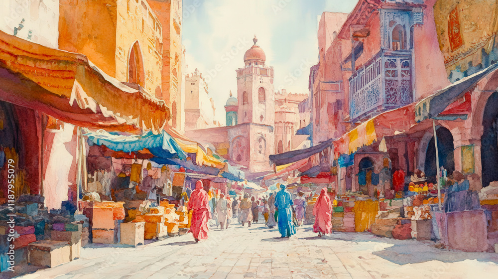 Naklejka premium A painting of a busy market street with people walking and shopping