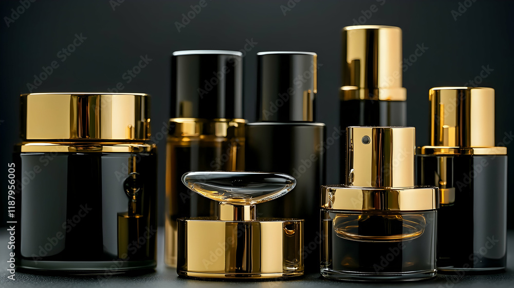 Fototapeta premium Luxury Perfume Bottles Gold Accents Dark Background Studio Shot Product Photography