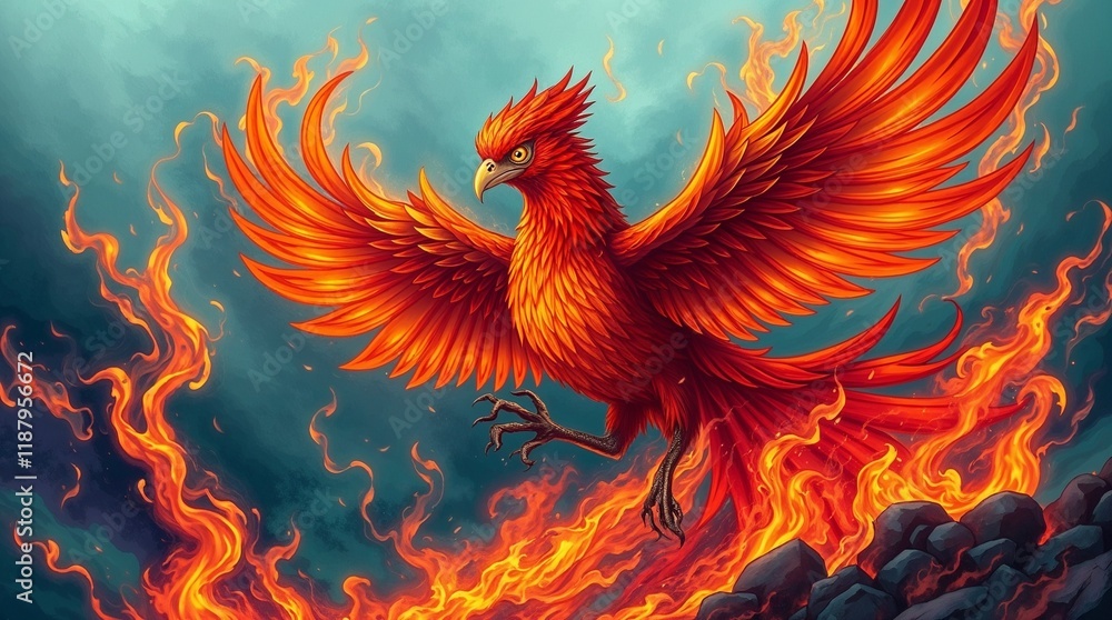 A phoenix with red and orange feathers and golden eyes rises from a sea of fire. Cool blues, greens, and purples dominate the palette, creating a contrast to the intense heat of the flames. A phoenix with red and orange feathers and golden eyes rises from a sea of fire. Cool blues, greens, and purples dominate the palette, creating a contrast to the intense heat of the flames.