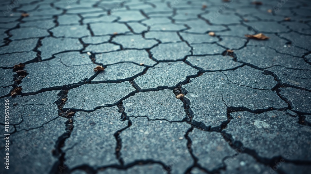 Obraz premium Cracked pavement surface with intricate patterns and a subtle blue tint. The texture of the pavement is visible through the cracks.