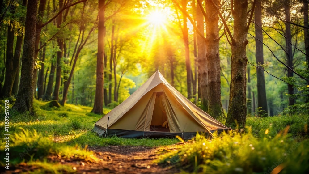 Serene Forest Camping: Tranquil Tent in Bokeh Landscape Serene Forest Camping: Tranquil Tent in Bokeh Landscape