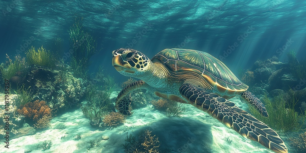 Obraz premium A picture of a sea turtle swimming in the coral reef sea