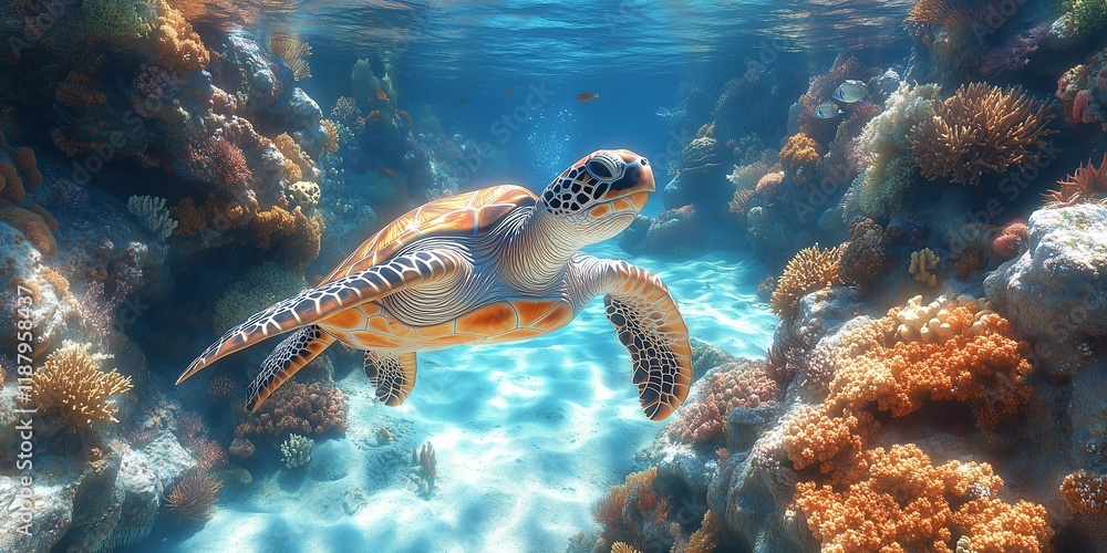 Fototapeta premium A picture of a sea turtle swimming in the coral reef sea
