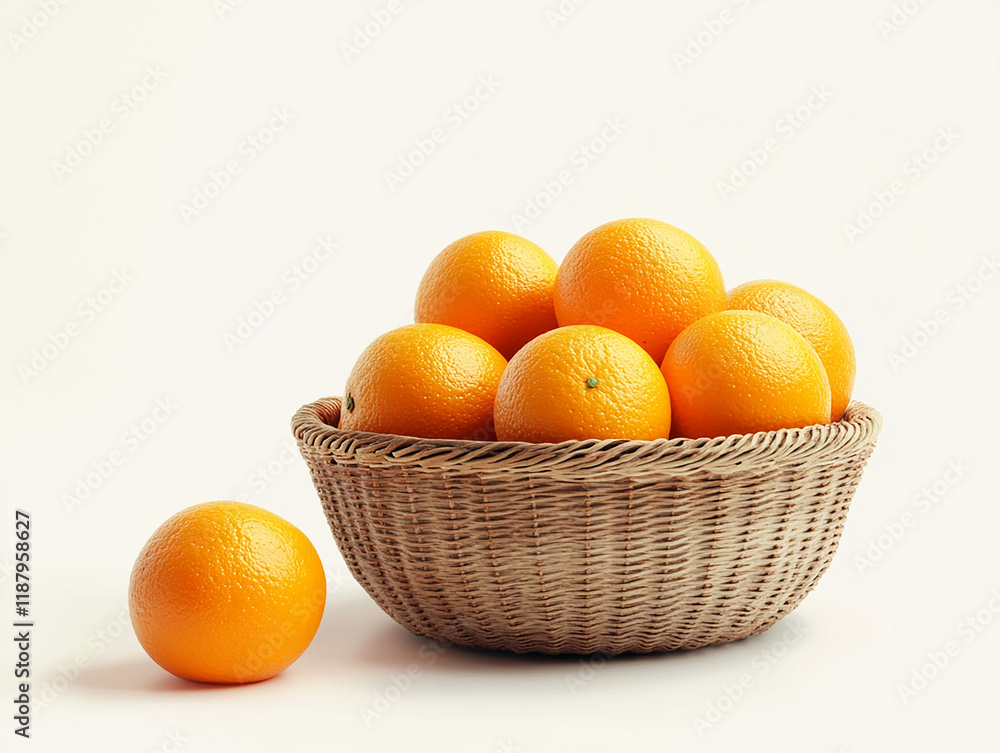 Beautifully arranged wicker basket filled with fresh oranges on a white background symbolizing healthy eating organic fruits vitamin C and the natural freshness of tropical citrus produce
