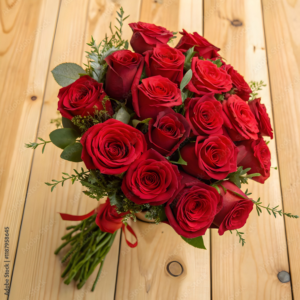 Red rose flower bouquet on wooden background for valentine s day Red rose flower bouquet on wooden background for valentine s day