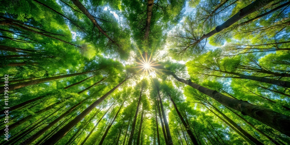 Dense foliage and towering trees form a lush canopy overhead, filtering sunlight to create dappled patterns on the forest floor, leaves, nature