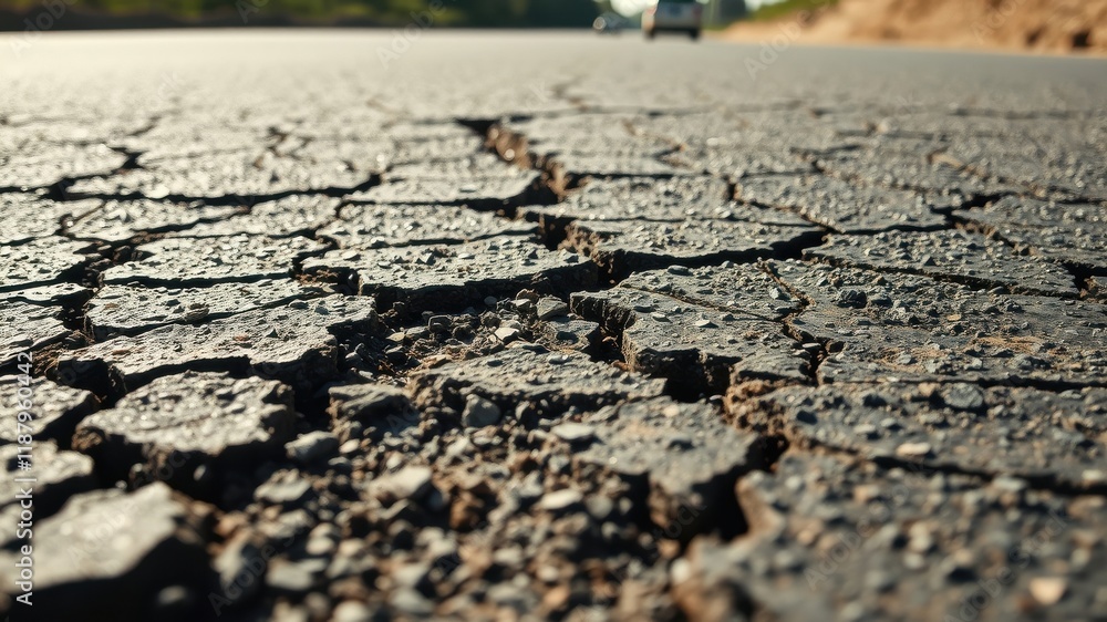 Obraz premium Cracked asphalt road surface, a close-up view of the texture and detail of the damage, showing a network of fissures and uneven sections, revealing the underlying gravel and aggregate.