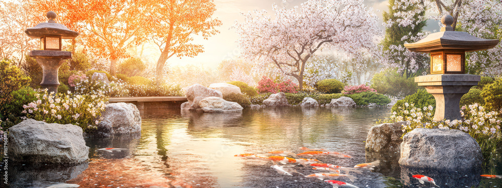 A serene pond with a bridge and two lanterns A serene pond with a bridge and two lanterns
