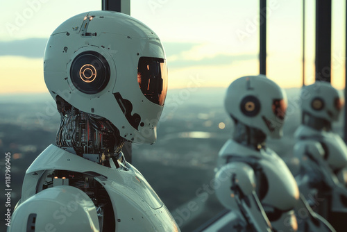 Robots observe the sunset from a high-rise building in a futuristic cityscape, showcasing advanced technology and design photo