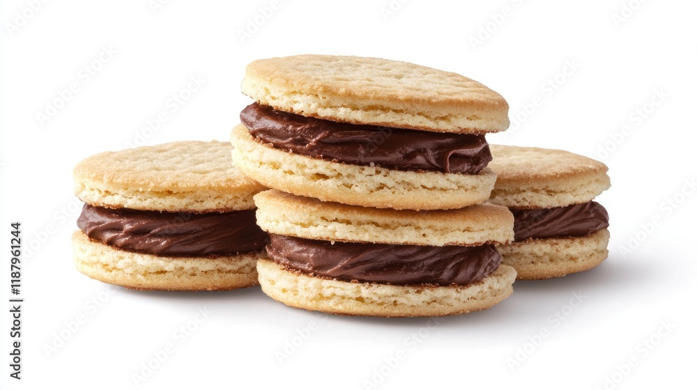 Four chocolate cream filled sandwich cookies, stacked, isolated on white background. Four chocolate cream filled sandwich cookies, stacked, isolated on white background.