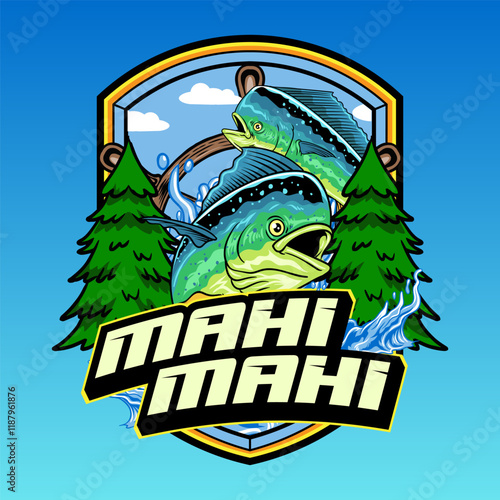 Mahi-mahi Fish Logotype in Colorful Vector Cartoon Illustration for sticker badge emblem t-shirt banner invitation
