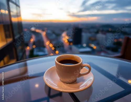 A cup of coffee sits on a glass table overlooking a city at sunset. photo