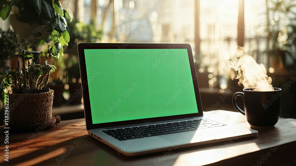 Fototapeta premium Laptop with Green Screen, Plants, and Coffee: Serene Workspace