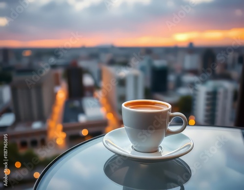 A cup of coffee sits on a glass table overlooking a city at sunset. photo