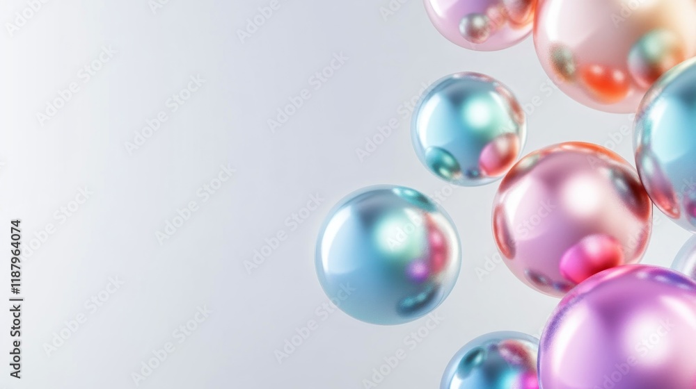 Pastel iridescent spheres floating on light gray background. Pastel iridescent spheres floating on light gray background.