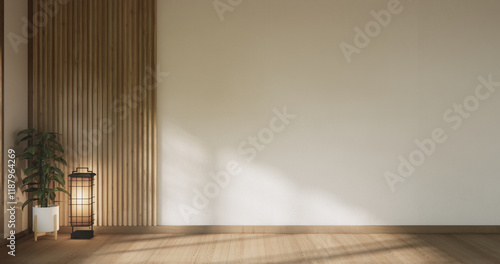 scene empty modern japanese Empty, room white wall on wooden floor interior design.