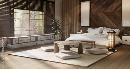 Bedroom minimal style. Modern white wall and wooden floor, room minimalist.