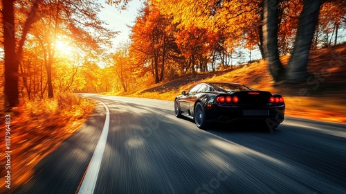 Black Sports Car on Autumn Road: Vibrant Fall Colors