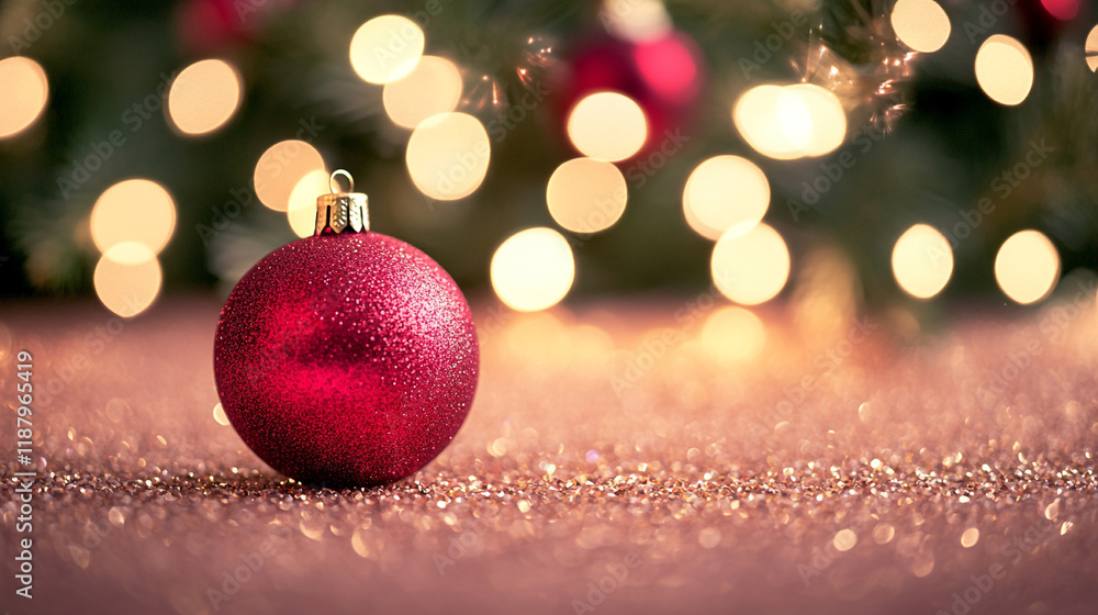 Sparkling red ornament stands out among glowing holiday lights on festive surface Sparkling red ornament stands out among glowing holiday lights on festive surface