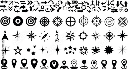 Arrow, compass, star, map pin, target, navigation, and location icon vector set, flat arrows for design, directions, maps, infographics, and graphic projects