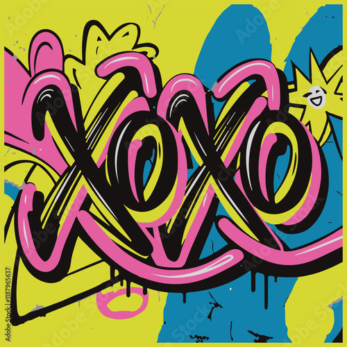 Vibrant color Graffiti XOXO Hugs and kisses Lettering  text vector design for print and trendy tee t shirt and clipart Happy Valentine's Day background 
