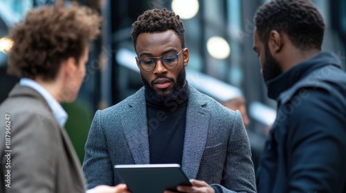 Three men are standing in a hallway, one of them is looking at a tablet