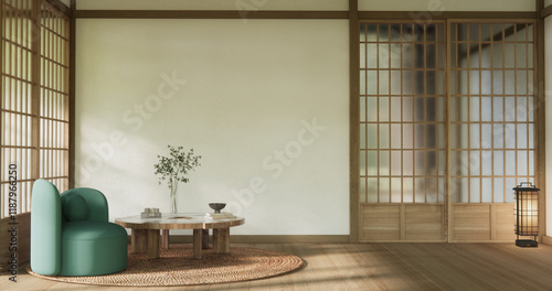 Scene living room have sofa and decoration wooden japanese  minimalist design.