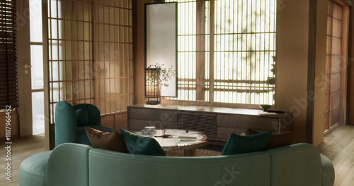 Mocha concept Scene living room have green sofa and decoration wooden minimalist design, room japanese style.