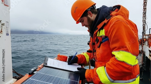 A man in an orange jacket is writing on a solar panel