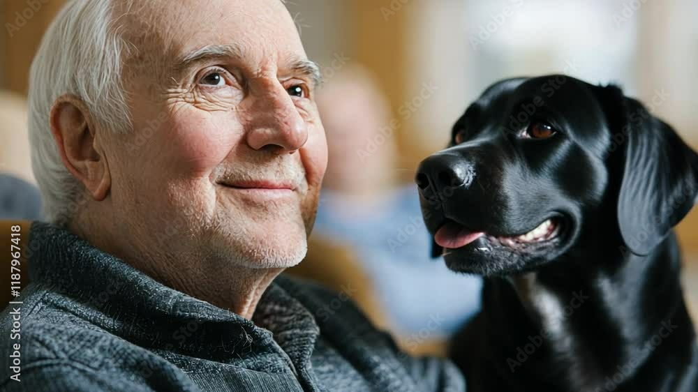 A senior man attends a workshop on therapy pets, learning how animals, such as trained dogs, support mental wellbeing and improve emotional health.