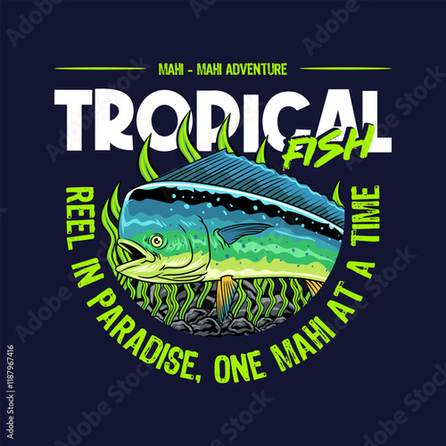 Mahi-mahi Fish Logotype in Colorful Vector Cartoon Illustration for sticker badge emblem t-shirt banner invitation