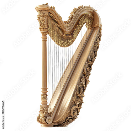 Ornate wooden harp with golden details isolated on transparent background for music themes