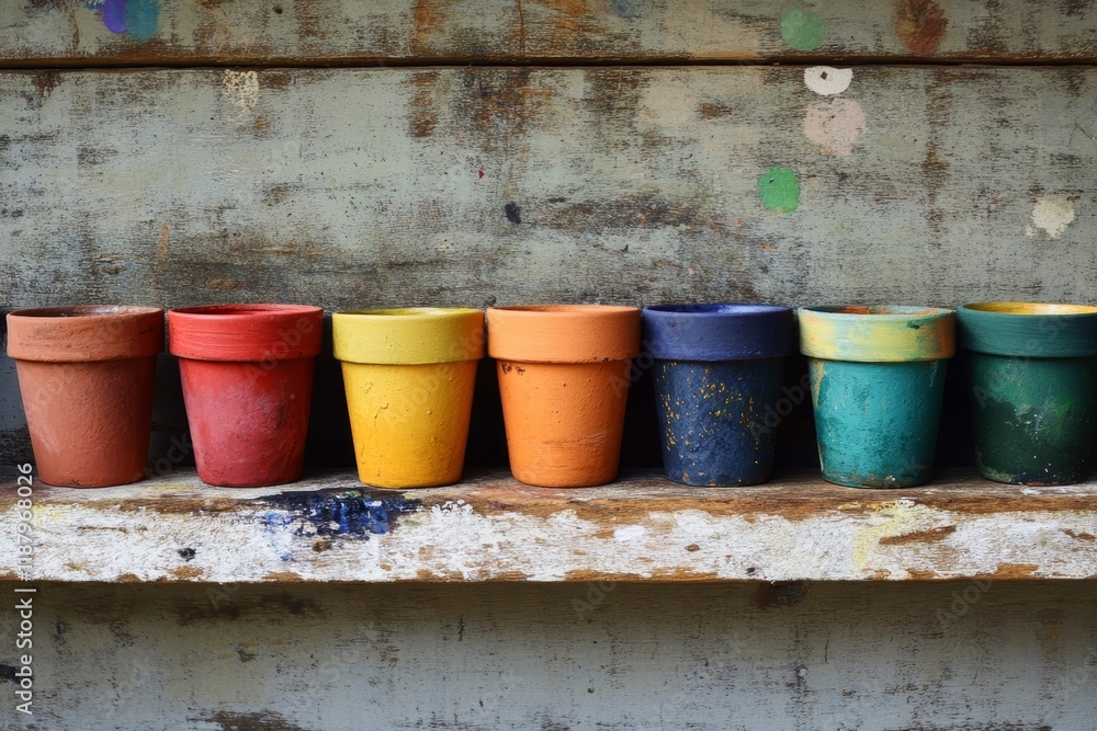 Colorful row of painted clay pots on rustic wooden shelf Colorful row of painted clay pots on rustic wooden shelf