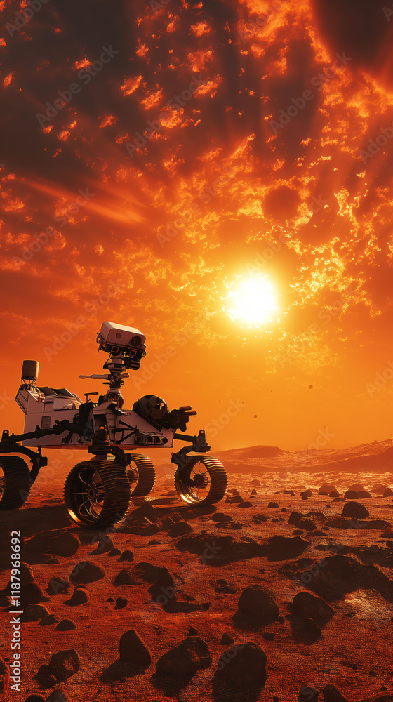 Fototapeta premium Mars landscape features a rover exploring dusty terrain with striking sunset and dramatic clouds