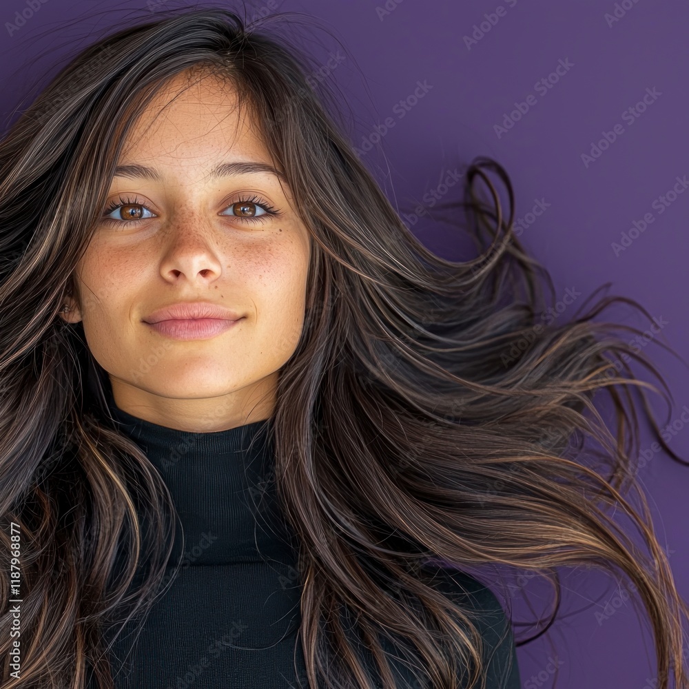 Fototapeta premium Beautiful Brunette Woman Long Hair Purple Background Fashion Portrait