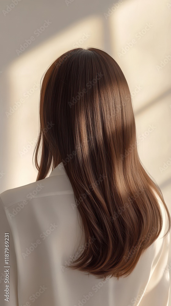 Naklejka premium Beautiful model girl with Brown hair strand,silky healthy chestnut wavy hair strand,hair wavy ribbon, with smooth,Keratin straightening,Treatment,straight long hair,procedures,Smooth hairstyle.