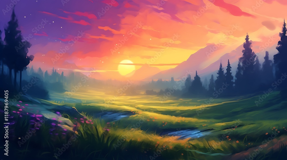 custom made wallpaper toronto digitalSerene Sunset Landscape With Meadow And Distant Mountains