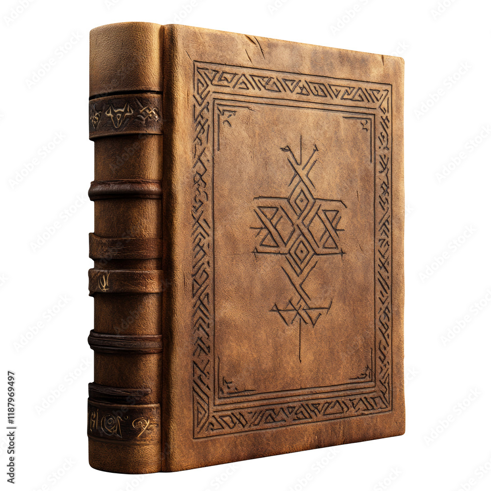Fototapeta premium Old Leather Bound Book with Intricate Cover Design on Transparent Background