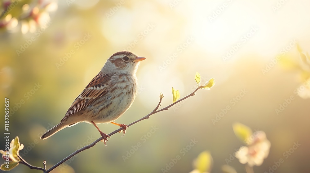 Fototapeta premium Small Bird Perched on Branch in Spring Sunlight