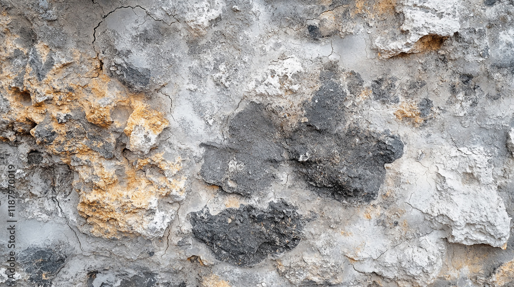 Naklejka premium Textured wall with gray and yellow hues in an urban setting showing natural weathering effects