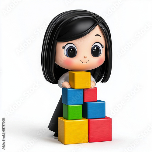 Adorable girl playfully builds a colorful block tower, showcasing creativity and joy!
