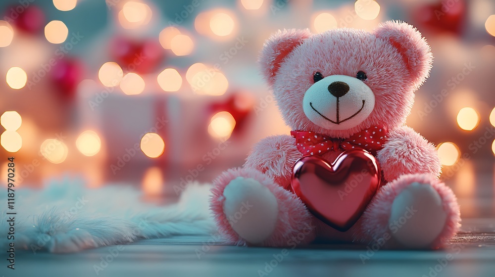 Fototapeta premium Cute teddy bear holding heart romantic setup photo cozy atmosphere